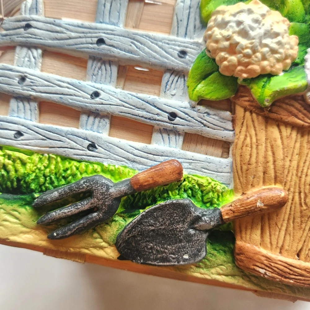 Dimensional Gardening Scene Woven Basket with Handle Flowers Mother's Day